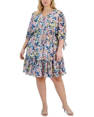 Taylor Plus Knee Length Floral Print Fit & Flare Dress - Blue