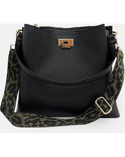 Black Leather Crossbody Bag With Olive Green Cheetah Strap