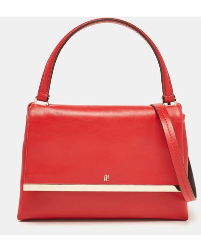 CH by Carolina Herrera Leather Metal Bar Flap Top Handle Bag - Red