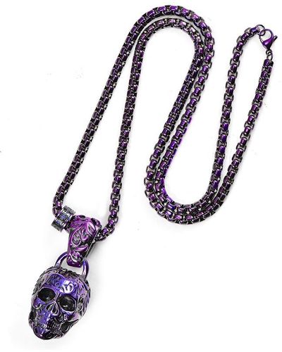 Crucible Jewelry Crucible Los Angeles Blue Stainless Steel 35mm Skull Necklace On 28 Inch 5mm Box Chain - Purple