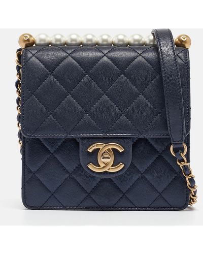 Chanel Quilted Leather Chic Pearls Flap Bag - Blue