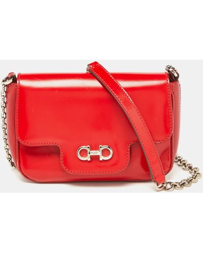 Ferragamo Glossy Leather Rory Crossbody Bag - Red