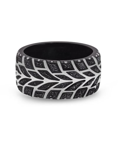 Monary Racer Swag Rhodium Plated Sterling Silver Tire Tread Diamond Band Ring - Black
