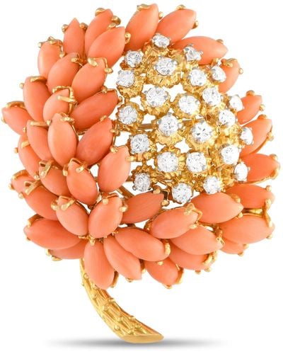 Van Cleef & Arpels Vintage 18k Yellow 1.20 Ct Diamond And Coral Flower Brooch Vc40-051724 - Orange