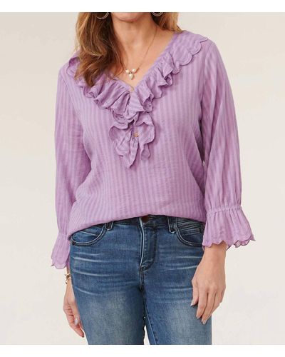 Democracy 3/4 Sleeve Ruffle Trim Top In Orchid Bloom - Purple