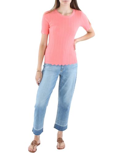 Anne Klein Scalloped Short Sleeve Pullover Sweater - Pink