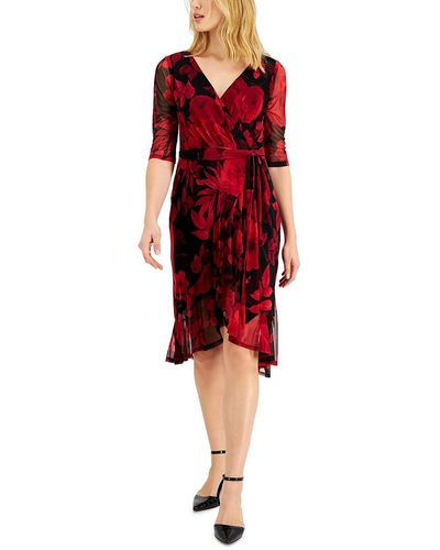 Connected Apparel Petites Floral Elbow Sleeve Wrap Dress - Red