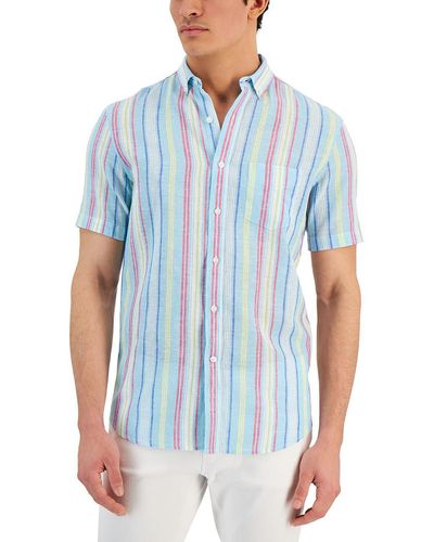 Club Room Linen Blend Striped Button-down Shirt - Blue