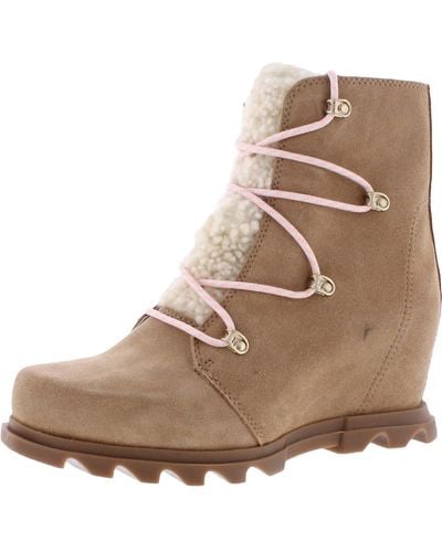 Sorel Joan Of Arctic Wedge Iii Lace Cozy Suede Fleece Lined Ankle Boots - Natural