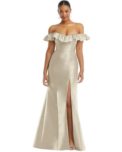 Alfred Sung Off-the-shoulder Ruffle Neck Satin Trumpet Gown - Natural