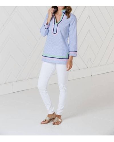 Sail To Sable Long Sleeve Tunic Top In Blue/white