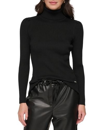 DKNY Ribbed Turtle Neck Pullover Sweater - Black