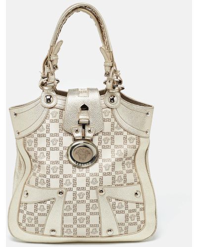 Versace Monogram Fabric And Leather Medusa Flap Hobo - Natural