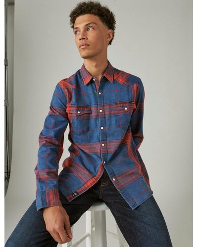Lucky Brand Plaid Indigo Long Sleeve Western Shirt - Blue