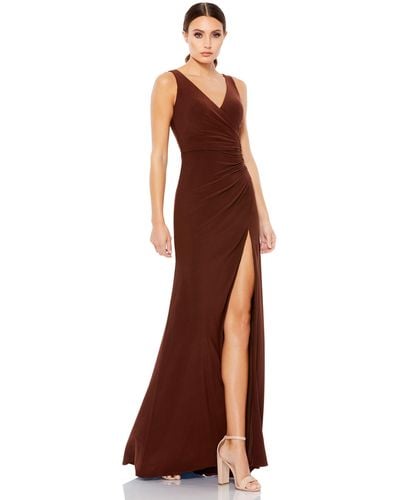 Ieena for Mac Duggal Ruched Stretch Jersey V-neck Gown - Brown