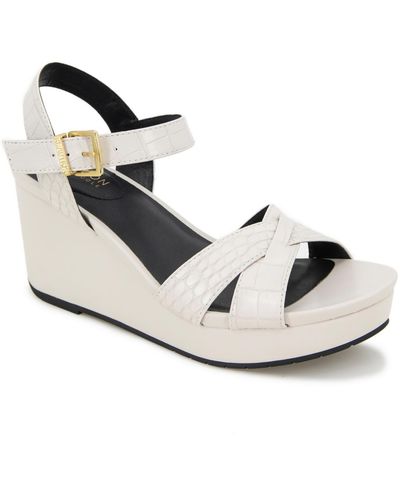 Kenneth Cole Clarissa Embossed Buckle Wedge Sandals - White
