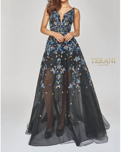 Terani Deep V Neck Long Sequin Gown - Gray