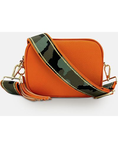 Apatchy London Leather Crossbody Bag With & Gold Stripe Camo Strap - Orange