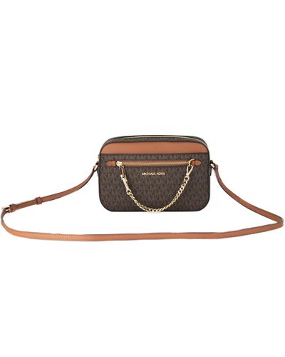 Michael Kors Brown Logo Saffiano Leather Gold Chain Jet Set Small