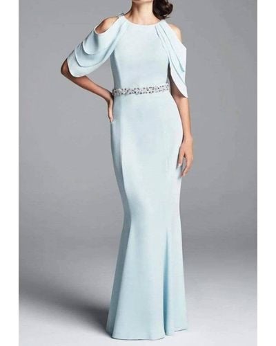 Alexander by Daymor Cold Shoulder Beaded Waist Sheath Gown In Soft Crystal - Blue