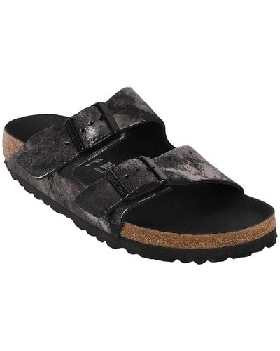 Birkenstock Arizona Leather Metallic Slide Sandals - Black