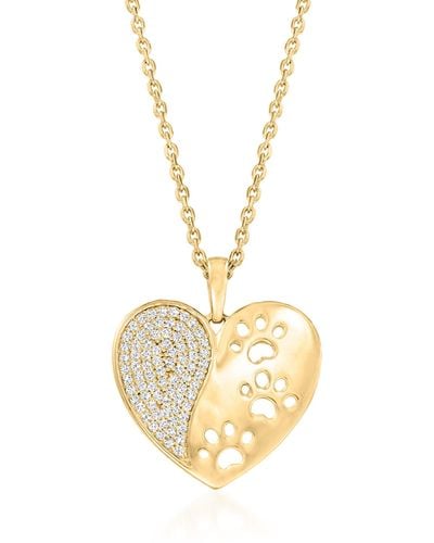 Ross-Simons Diamond Paw Print Heart Pendant Necklace - Metallic
