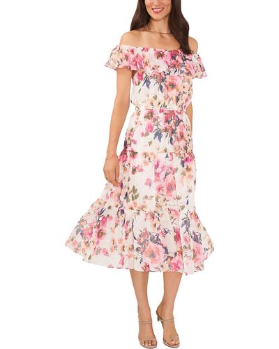 Msk Floral Off-the-shoulder Midi Dress - Pink