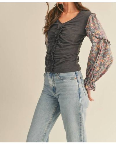 ..,merci Floral Puff Sleeve Ruched Top - Graphite Gray - Blue