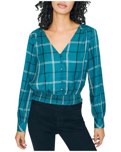 Sanctuary Fool For You Check Print Button Down Peasant Top - Blue