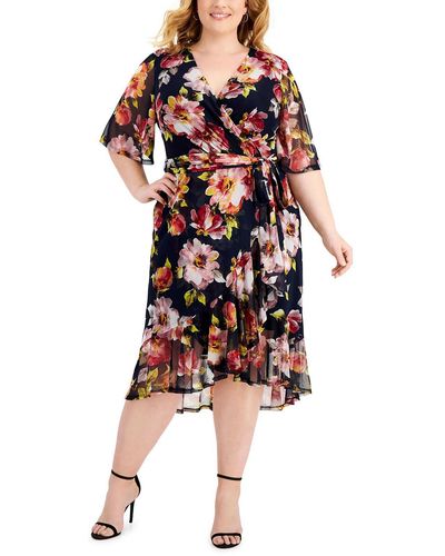 Connected Apparel Floral Belted Midi Dress - Blue
