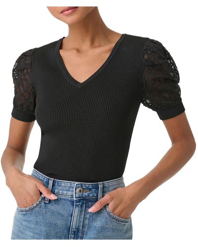 Karl Lagerfeld Lace Sleeve V-neck Pullover Top - Black