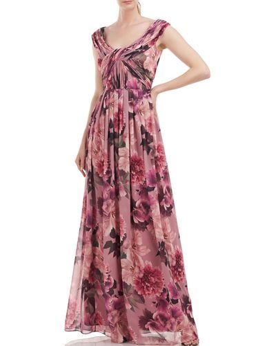 Kay Unger Floral Pleated Evening Dress - Red