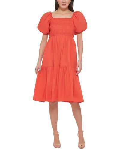Vince Camuto Cotton Smocked Midi Dress - Red