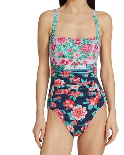 Johnny Was Japer Ruched One Piece Swimsuit - Blue