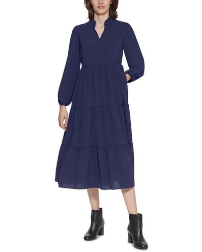 Jessica Howard Petites Tiered Mid Calf Midi Dress - Blue