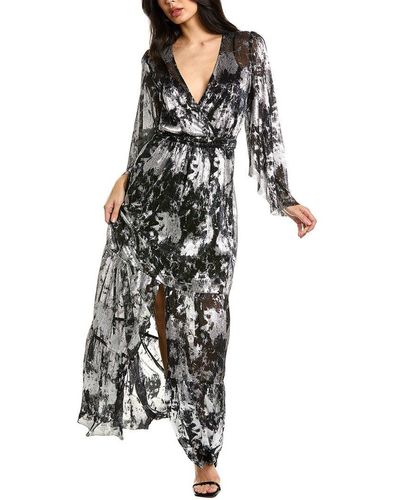 $630 ba&sh Women's Black V-Neck Charlie Burnout Dot Velvet Slit Maxi Dress  XS