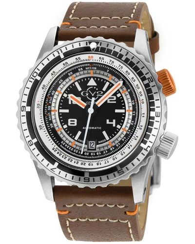 Gv2 Contasecondi Watch /orange Dial Brown Calfskin Leather Strap - Black