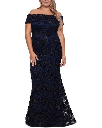 Xscape Plus Lace Overlay Off-the-shoulder Evening Dress - Blue