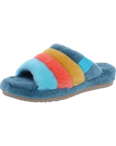 UGG Fluff You Stripes Open Toe Slip On Slide Sandals - Blue
