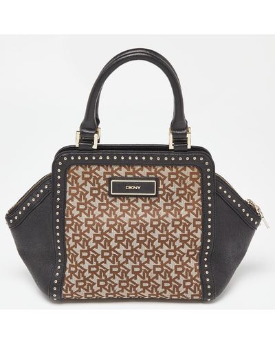 DKNY Signature Canvas And Leather Studded Satchel - Brown