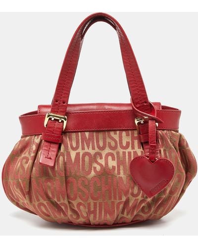 Moschino Signature Canvasand Leather Heart Charm Hobo - Red