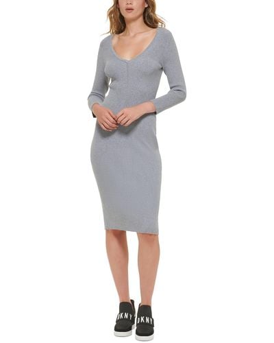 DKNY Fitted V-neck Sweaterdress - Gray