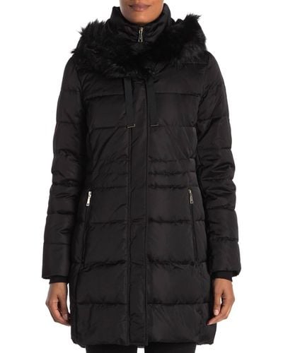 Tahari Stefani Faux Fur Hood Down Fill Fitted Puffer Coat - Black