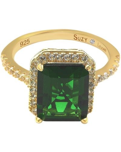 Suzy Levian Golden Sterling Silver Large Emerald-cut And White Cubic Zirconia Halo Ring - Green