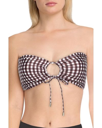 Peony Tie Front Checkered Bikini Swim Top - Black