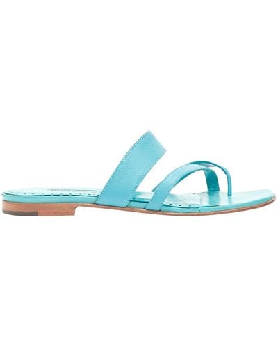 Manolo Blahnik Teal Toe Ring Crisscross Leather Strappy Sandals - Blue