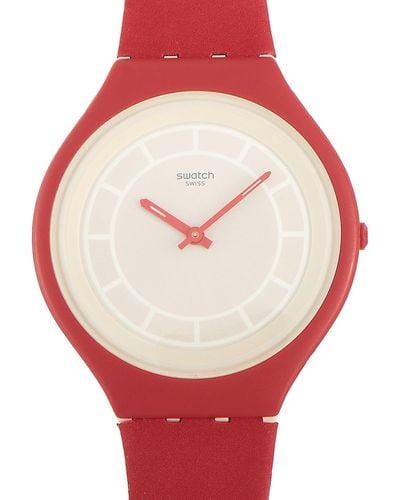 Swatch Skinhot Red Leather Strap 40 Mm Watch Svur100 - Pink