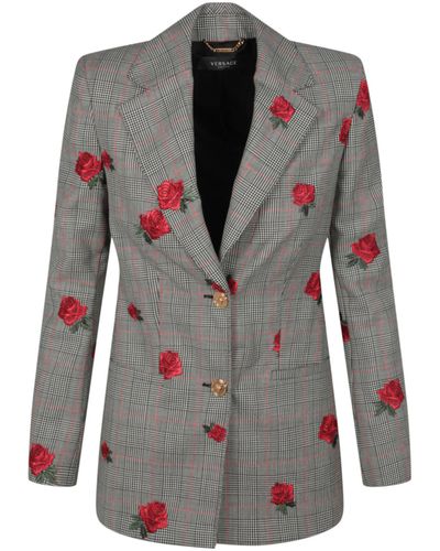 Versace Notched Lapel Rose Embroidered Blazer - Gray