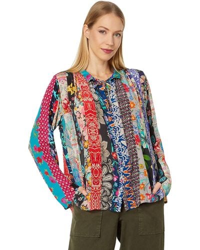 Johnny Was Treble Sofia Button Up Boho Style Silk Blouse - Red