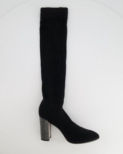 Rene Caovilla Stretch High-knee Boots With Crystal Heel - Black